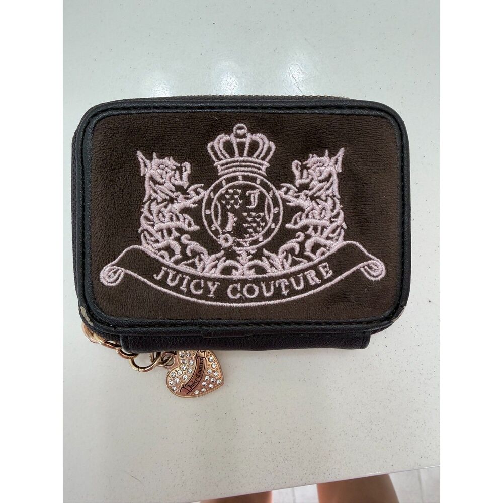 Juicy Couture Y2K Brown Pink Dog Small Zip Wallet Velour